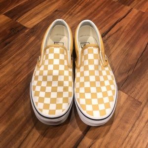 yellow checkered slip ons